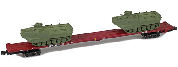 DODX – 89’ Flat cars with AAV-7 armor loads