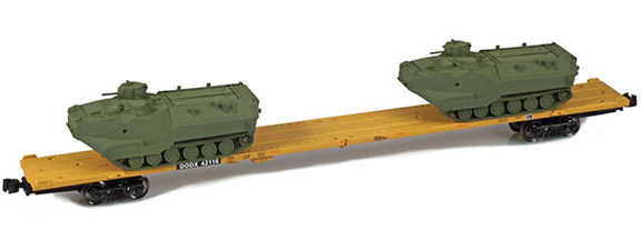 DODX – 89’ Flat cars with AAV-7 armor loads
